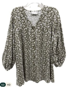 ASOS Long-Sleeve Olive Green Ivory Floral Print Swing Dress (Size 4 or 6)